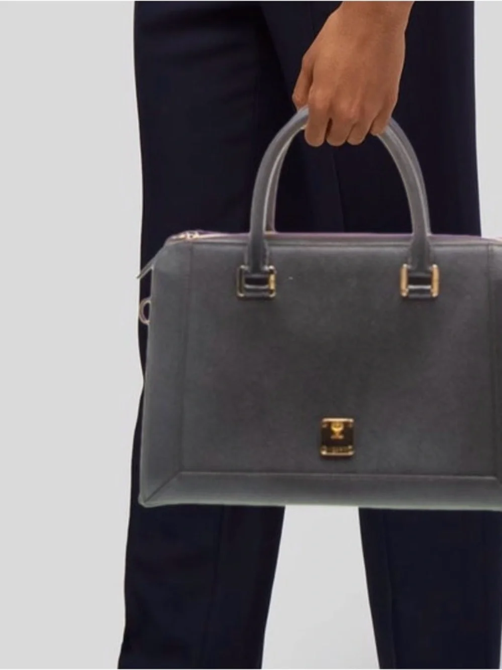 MCM Black Structured Leather Satchel Top Handle  with Gold Hardware